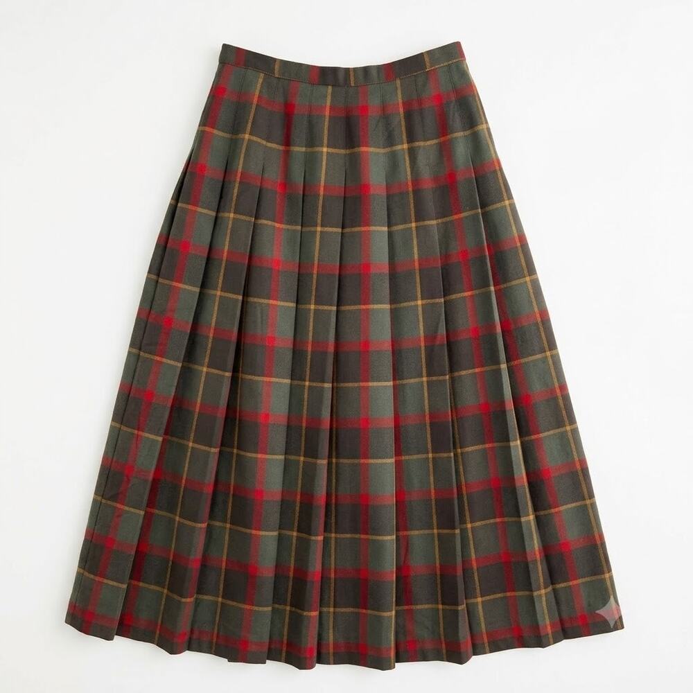 Pendleton Vintage Wool Pleated Maxi Skirt Green Red Plaid Made in USA Womens 12